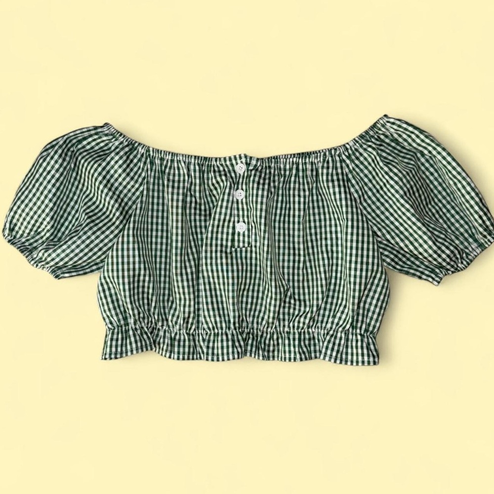 Green Gingham Off-Shoulder Top